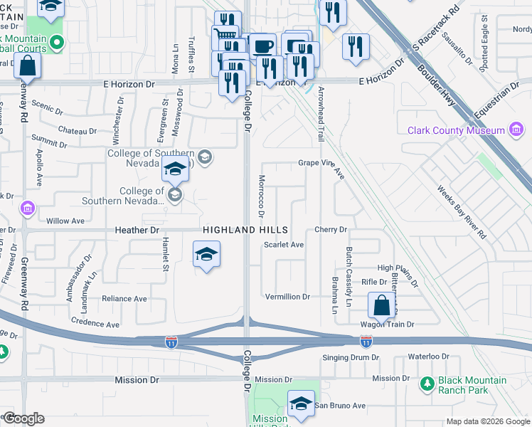 map of restaurants, bars, coffee shops, grocery stores, and more near 734 Scottsdale Street in Henderson