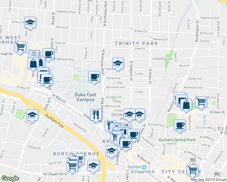 map of restaurants, bars, coffee shops, grocery stores, and more near 1025 14 Alley in Durham
