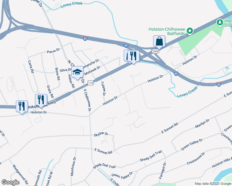 map of restaurants, bars, coffee shops, grocery stores, and more near 5211 Holston Drive in Knoxville