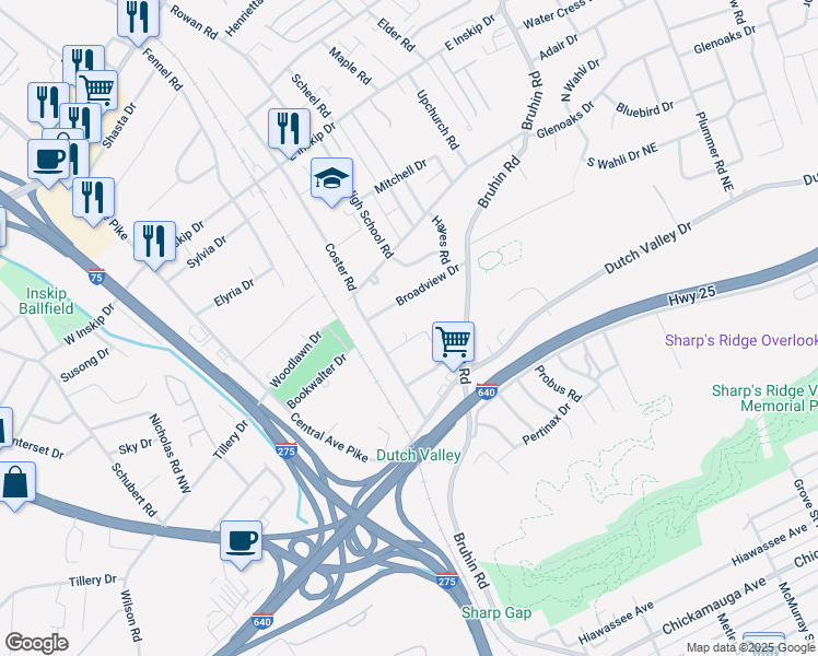 map of restaurants, bars, coffee shops, grocery stores, and more near 407 Sharp Lane Northeast in Knoxville