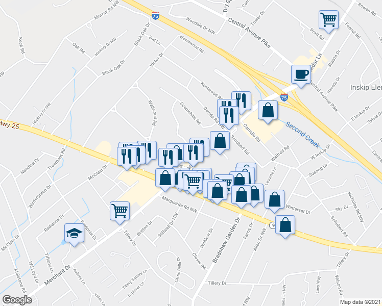 map of restaurants, bars, coffee shops, grocery stores, and more near 5402 Ridgefield Road in Knoxville