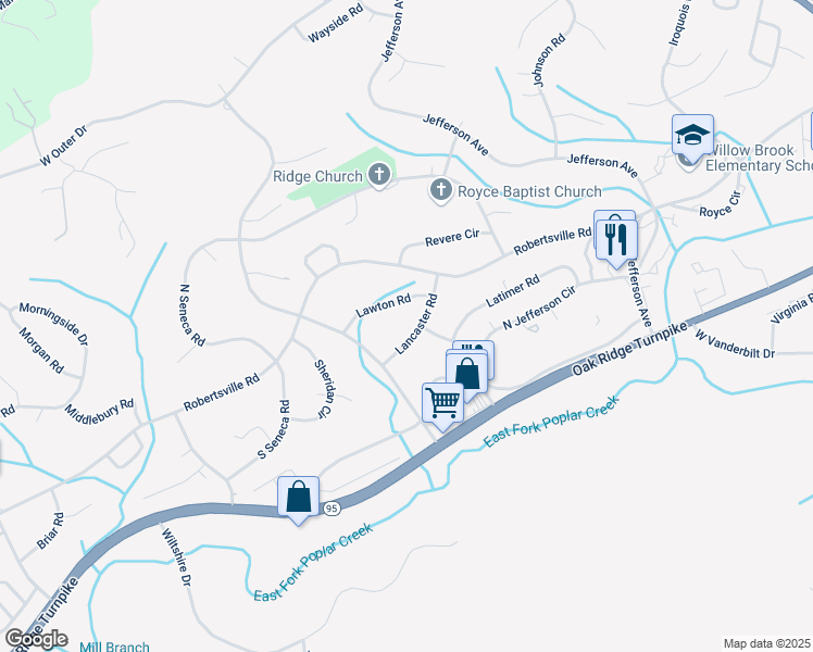 map of restaurants, bars, coffee shops, grocery stores, and more near 130 Lancaster Road in Oak Ridge