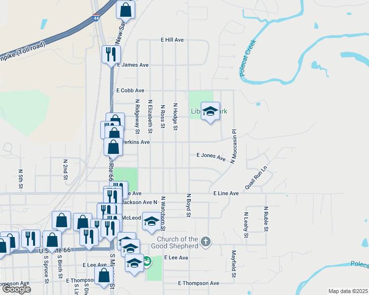 map of restaurants, bars, coffee shops, grocery stores, and more near 517 North Hodge Street in Sapulpa