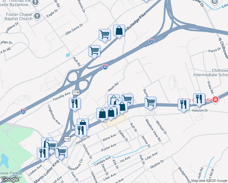map of restaurants, bars, coffee shops, grocery stores, and more near 204 Dewdrop Lane in Knoxville
