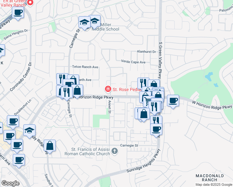 map of restaurants, bars, coffee shops, grocery stores, and more near 2255 Walkerville Court in Henderson