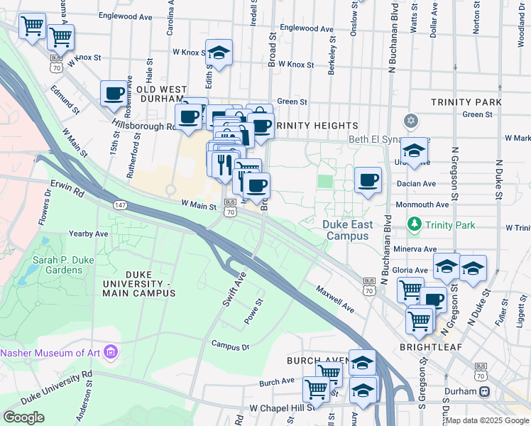 map of restaurants, bars, coffee shops, grocery stores, and more near 610 Broad Street in Durham