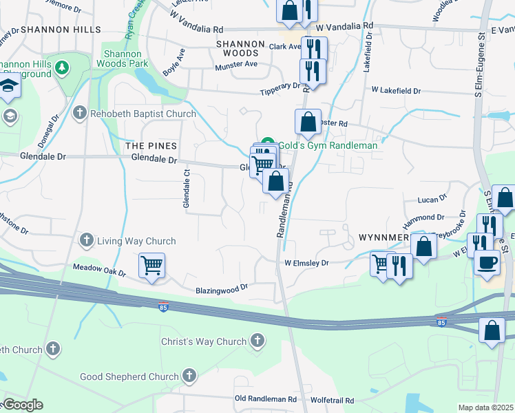 map of restaurants, bars, coffee shops, grocery stores, and more near 3262 Randleman Road in Greensboro