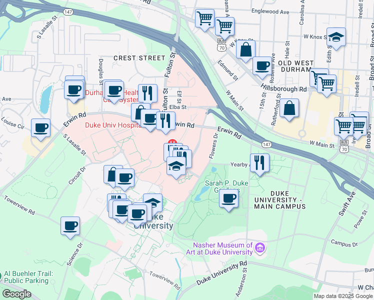 map of restaurants, bars, coffee shops, grocery stores, and more near 307 Trent Drive in Durham