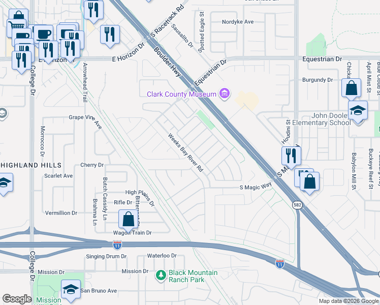map of restaurants, bars, coffee shops, grocery stores, and more near 591 Pinetop Lake Street in Henderson