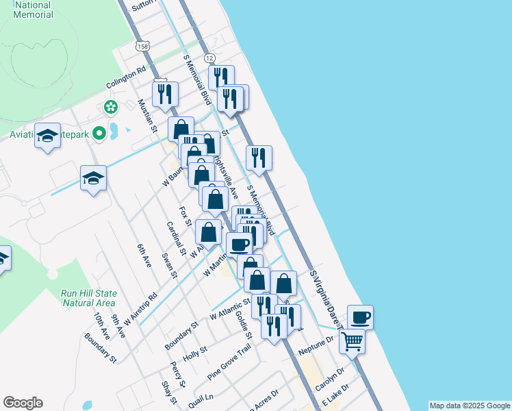 map of restaurants, bars, coffee shops, grocery stores, and more near 1200-1204 South Memorial Boulevard in Kill Devil Hills