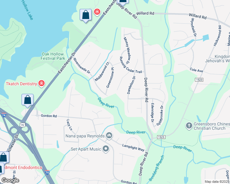 map of restaurants, bars, coffee shops, grocery stores, and more near 2639 Hidden Pond Cove in High Point