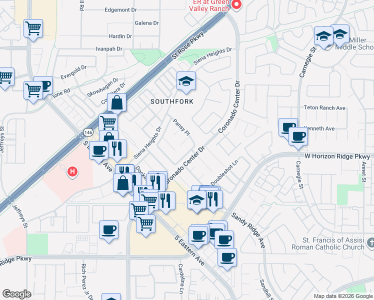 map of restaurants, bars, coffee shops, grocery stores, and more near 2684 Hollowvale Lane in Henderson