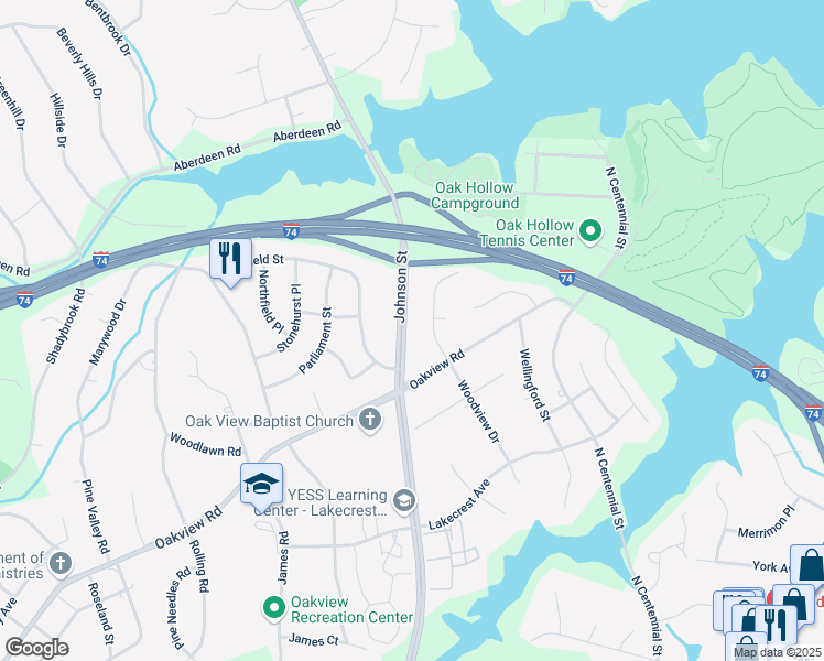 map of restaurants, bars, coffee shops, grocery stores, and more near 3512 Johnson Street in High Point