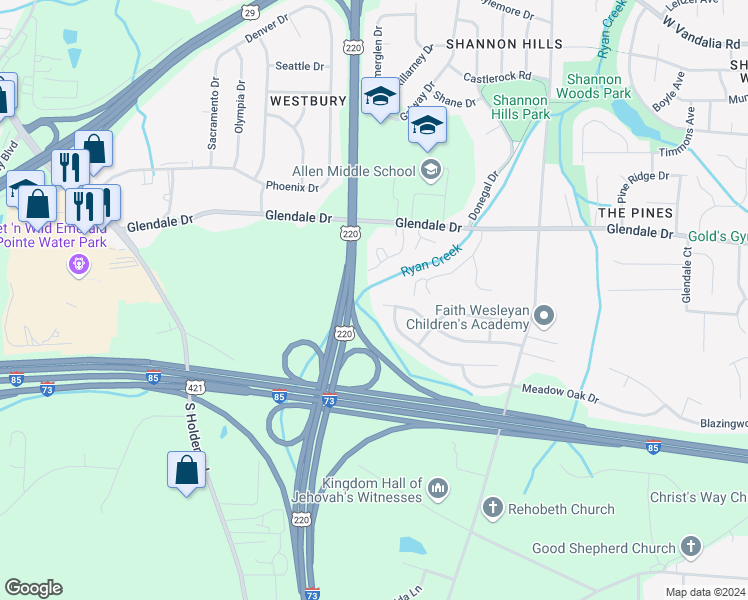 map of restaurants, bars, coffee shops, grocery stores, and more near 1124 Highstone Drive in Greensboro