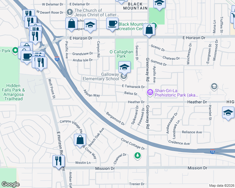 map of restaurants, bars, coffee shops, grocery stores, and more near 220 Appian Way in Henderson