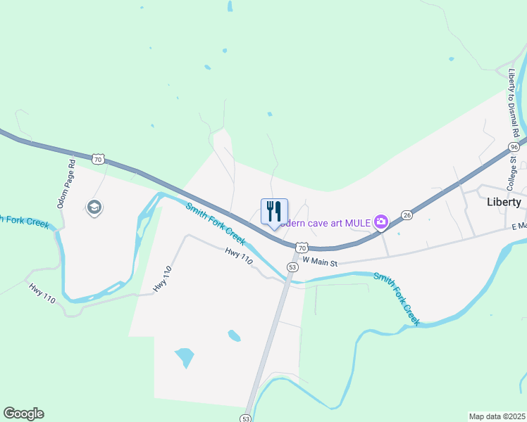 map of restaurants, bars, coffee shops, grocery stores, and more near 70 U South Highway in Liberty