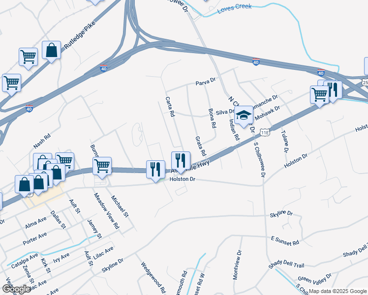 map of restaurants, bars, coffee shops, grocery stores, and more near 170 Carta Road in Knoxville