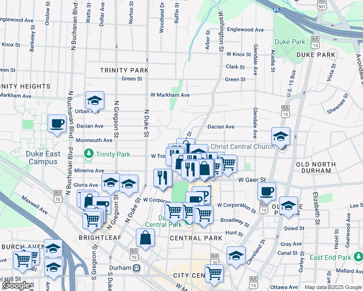 map of restaurants, bars, coffee shops, grocery stores, and more near 913 Orient Street in Durham