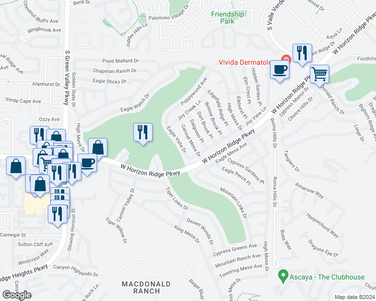 map of restaurants, bars, coffee shops, grocery stores, and more near 504 Eagle Vista Drive in Henderson