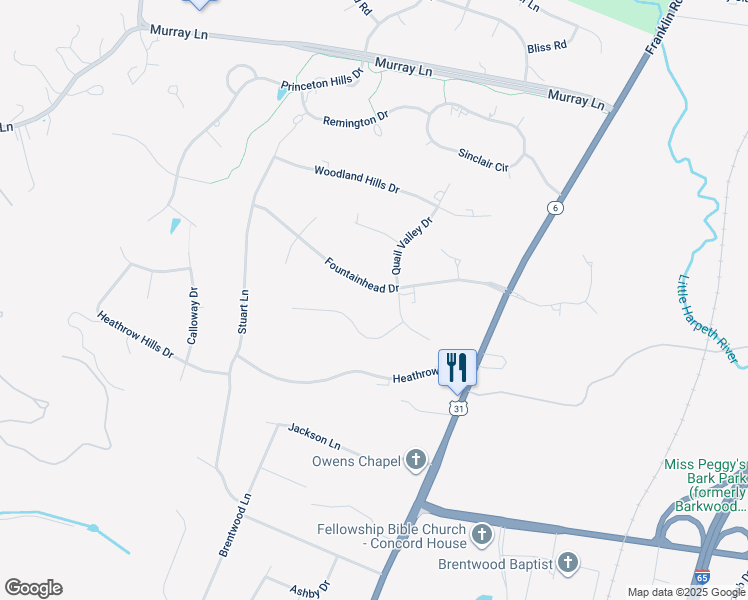 map of restaurants, bars, coffee shops, grocery stores, and more near 5101 Fountainhead Drive in Brentwood