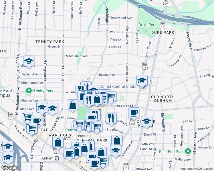 map of restaurants, bars, coffee shops, grocery stores, and more near 230 West Trinity Avenue in Durham