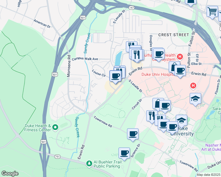 map of restaurants, bars, coffee shops, grocery stores, and more near 2816 Lambeth Circle in Durham