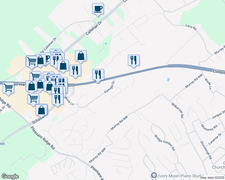 map of restaurants, bars, coffee shops, grocery stores, and more near 6512 Hillridge Road Northwest in Knoxville