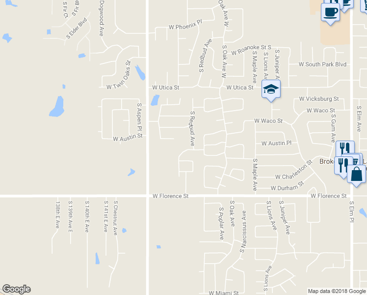 map of restaurants, bars, coffee shops, grocery stores, and more near 4504 South Sycamore Avenue in Broken Arrow
