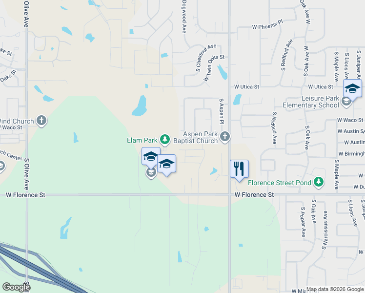 map of restaurants, bars, coffee shops, grocery stores, and more near 2413 West Austin Street in Broken Arrow