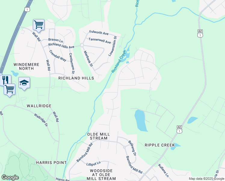 map of restaurants, bars, coffee shops, grocery stores, and more near 608 Houndsditch Circle in Wake Forest