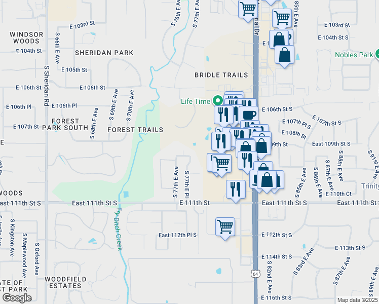 map of restaurants, bars, coffee shops, grocery stores, and more near 7717 East 109th Street in Tulsa