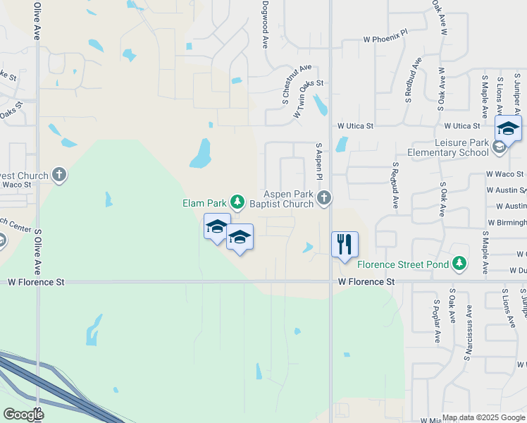 map of restaurants, bars, coffee shops, grocery stores, and more near 2413 West Austin Street in Broken Arrow