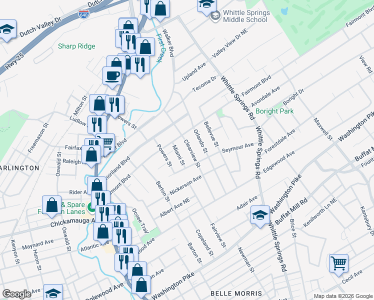map of restaurants, bars, coffee shops, grocery stores, and more near 3321 Clearview Street in Knoxville