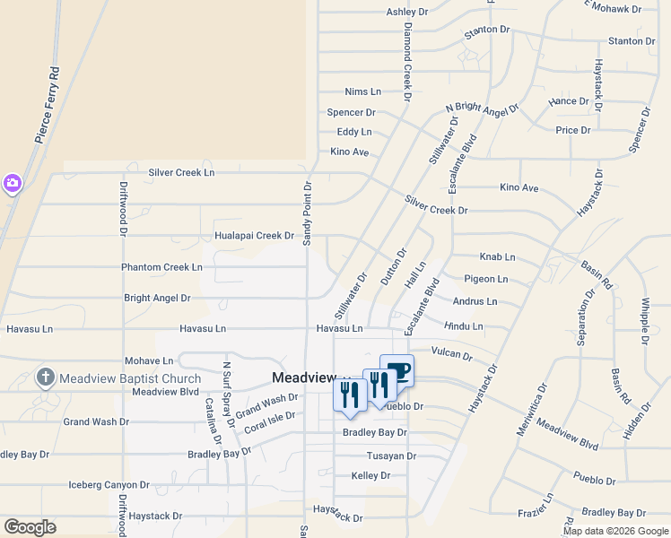 map of restaurants, bars, coffee shops, grocery stores, and more near 30345 North Bright Angel Drive in Meadview