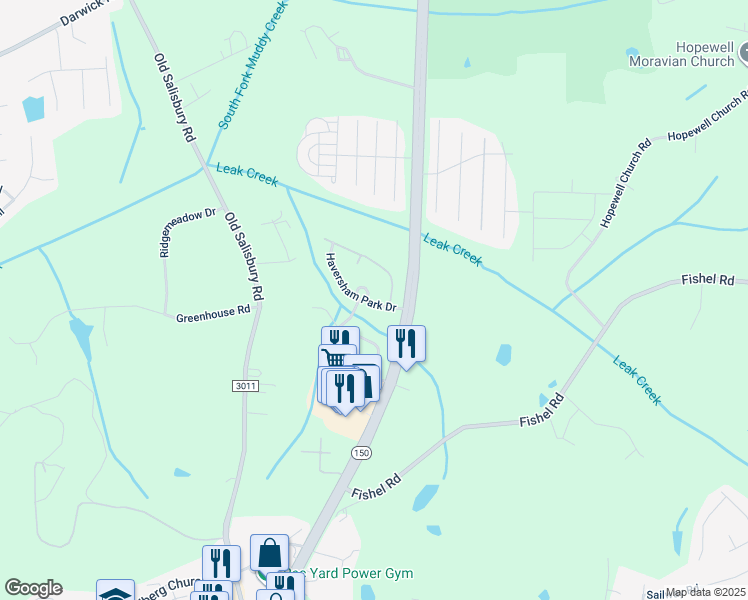 map of restaurants, bars, coffee shops, grocery stores, and more near 1623 Haversham Park Drive in Winston-Salem