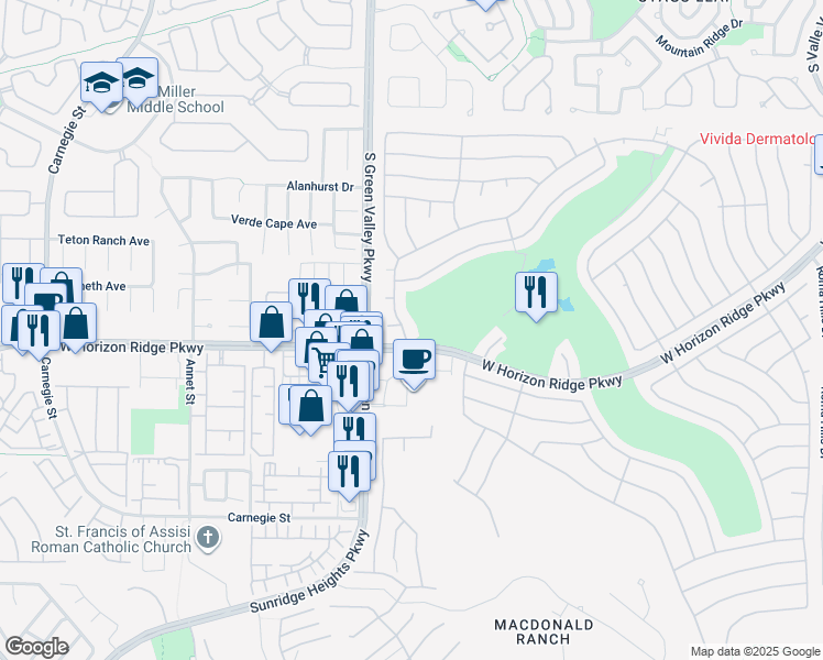 map of restaurants, bars, coffee shops, grocery stores, and more near 2221 High Mesa Drive in Henderson