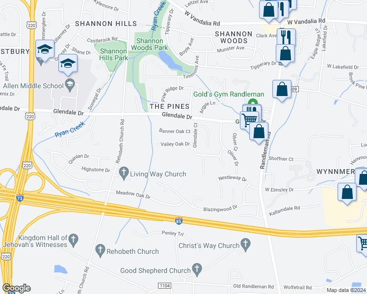 map of restaurants, bars, coffee shops, grocery stores, and more near 807 Valley Oak Drive in Greensboro