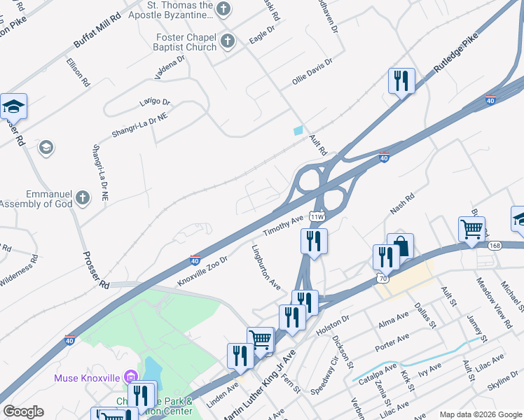 map of restaurants, bars, coffee shops, grocery stores, and more near 145 Timothy Street in Knoxville
