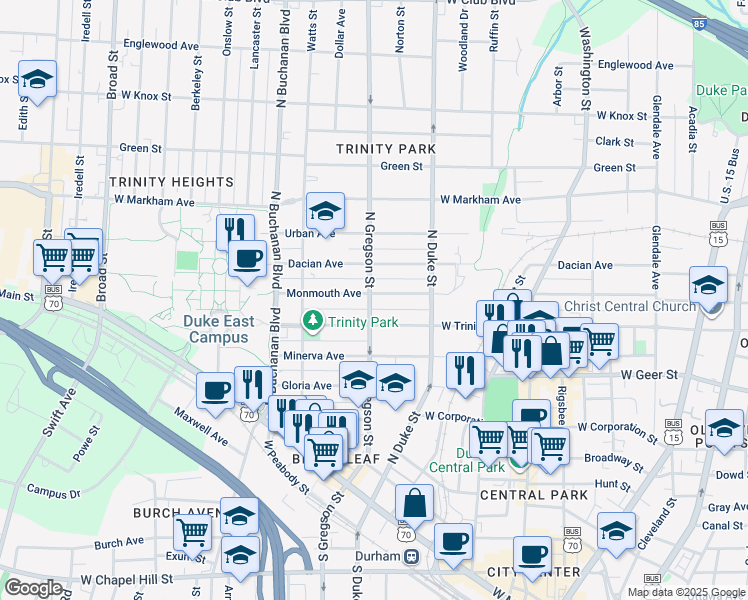 map of restaurants, bars, coffee shops, grocery stores, and more near 920 West Trinity Avenue in Durham