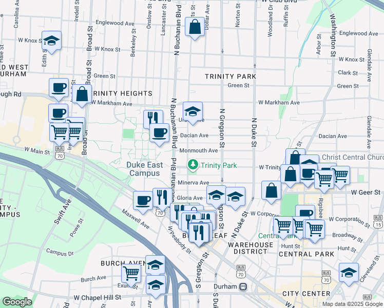 map of restaurants, bars, coffee shops, grocery stores, and more near 1025 14 Alley in Durham