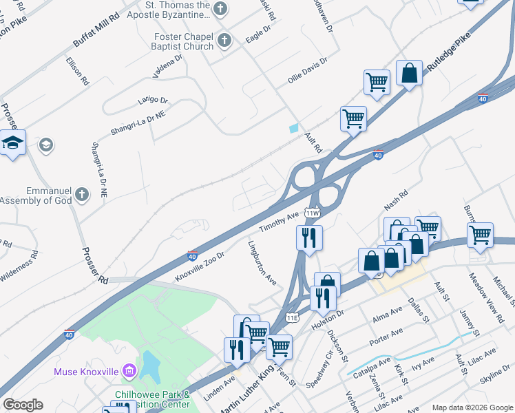 map of restaurants, bars, coffee shops, grocery stores, and more near 145 Timothy Street in Knoxville