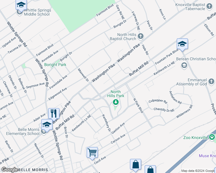 map of restaurants, bars, coffee shops, grocery stores, and more near 2931 Buffat Mill Road in Knoxville