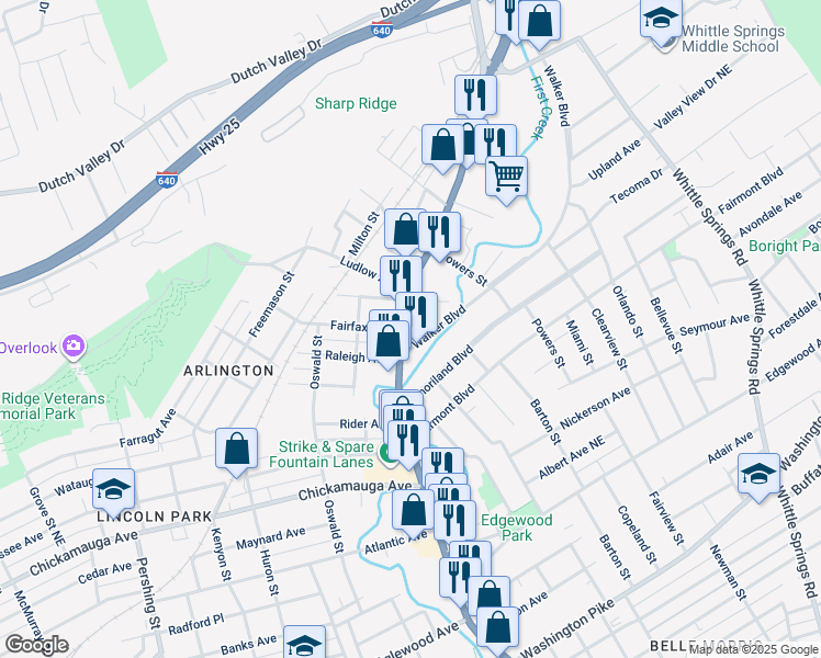 map of restaurants, bars, coffee shops, grocery stores, and more near 3706 North Broadway in Knoxville