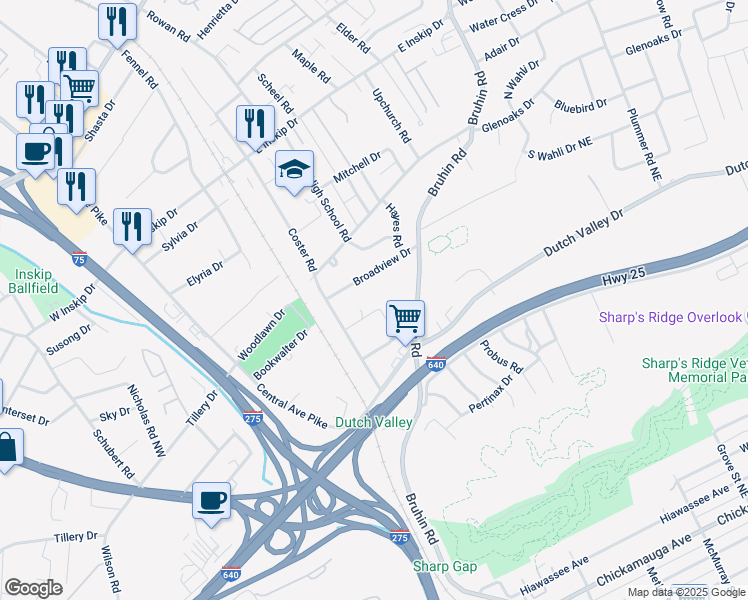 map of restaurants, bars, coffee shops, grocery stores, and more near 407 Sharp Lane Northeast in Knoxville