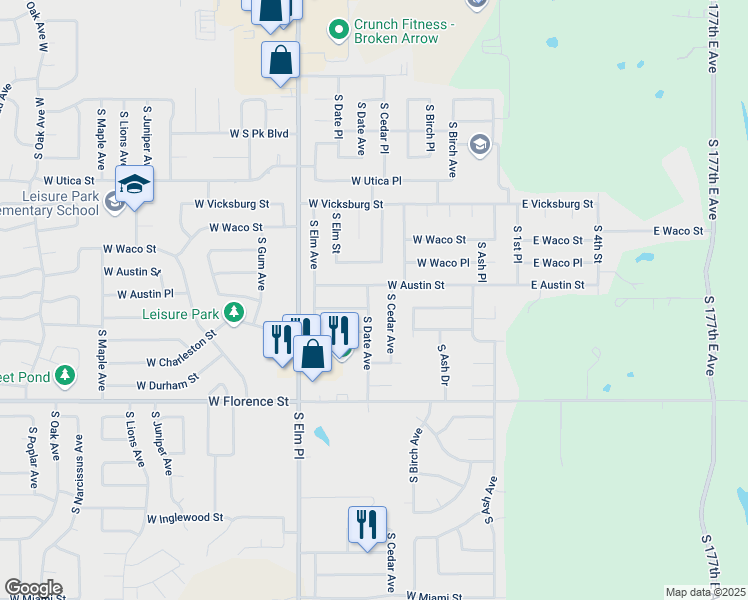 map of restaurants, bars, coffee shops, grocery stores, and more near 401 West Birmingham Street in Broken Arrow