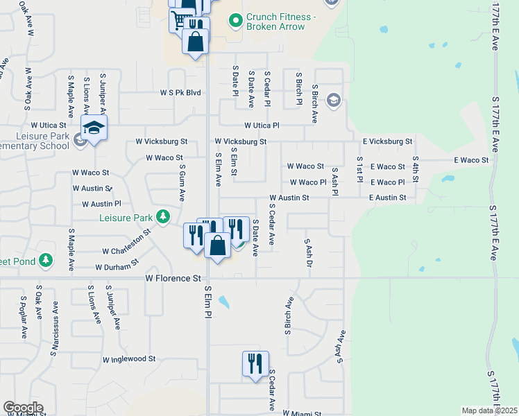 map of restaurants, bars, coffee shops, grocery stores, and more near 401 West Birmingham Street in Broken Arrow