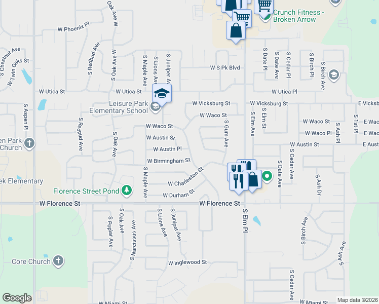 map of restaurants, bars, coffee shops, grocery stores, and more near 1100 West Birmingham Street in Broken Arrow