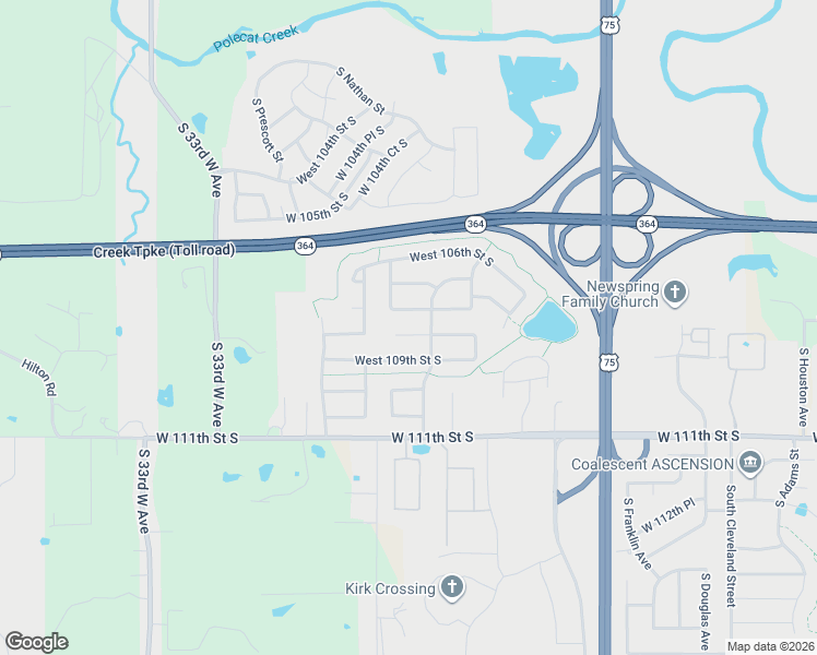 map of restaurants, bars, coffee shops, grocery stores, and more near 3712 West 108th Court South in Jenks