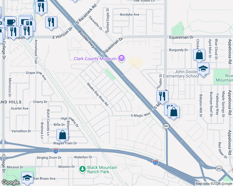 map of restaurants, bars, coffee shops, grocery stores, and more near 1022 Lone Pine River Avenue in Henderson