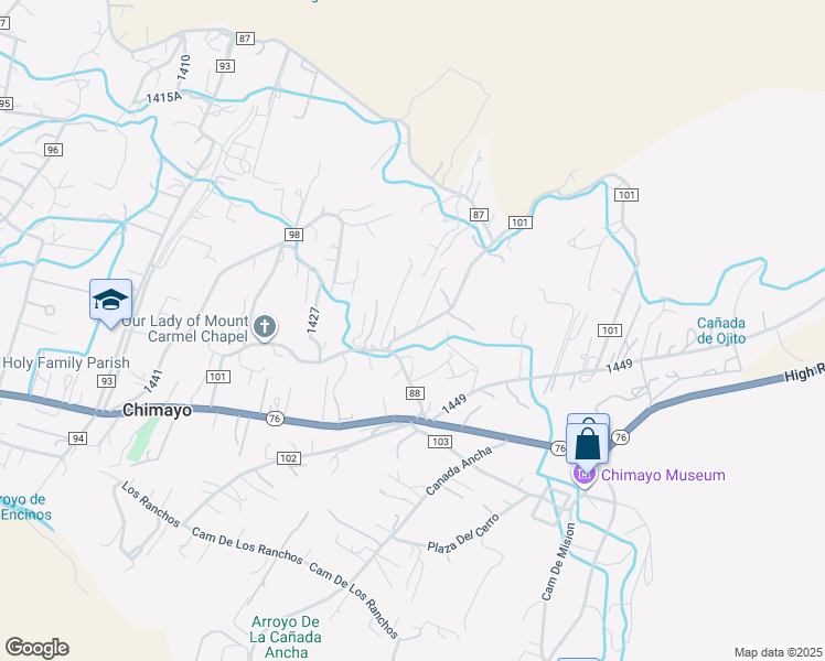 map of restaurants, bars, coffee shops, grocery stores, and more near County Road 101 in Chimayo